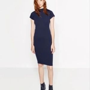 Zara W&B Collection Navy Blue Mock Neck Bodycon Midi Sheath Pencil Dress
